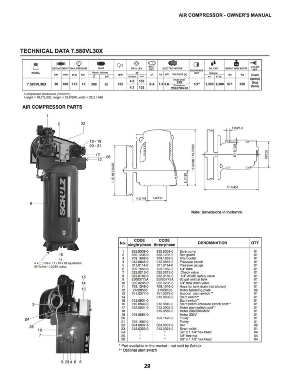 Schulz l-series 7.5-hp 80-gallon -30 cfm -single phase - 230 volts 1 ph two-stage air compressor 7580vl30x -1 - Image 3