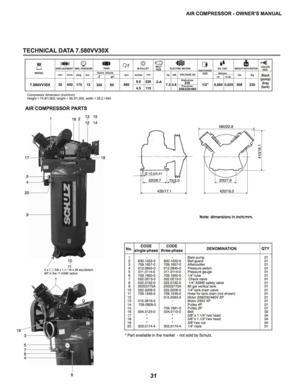 Schulz v-series three phase 7.5hp 80-gallon-30 cfm - 230/460 volts- two-stage air compressor 7580vv30x-3 vertical - Image 2