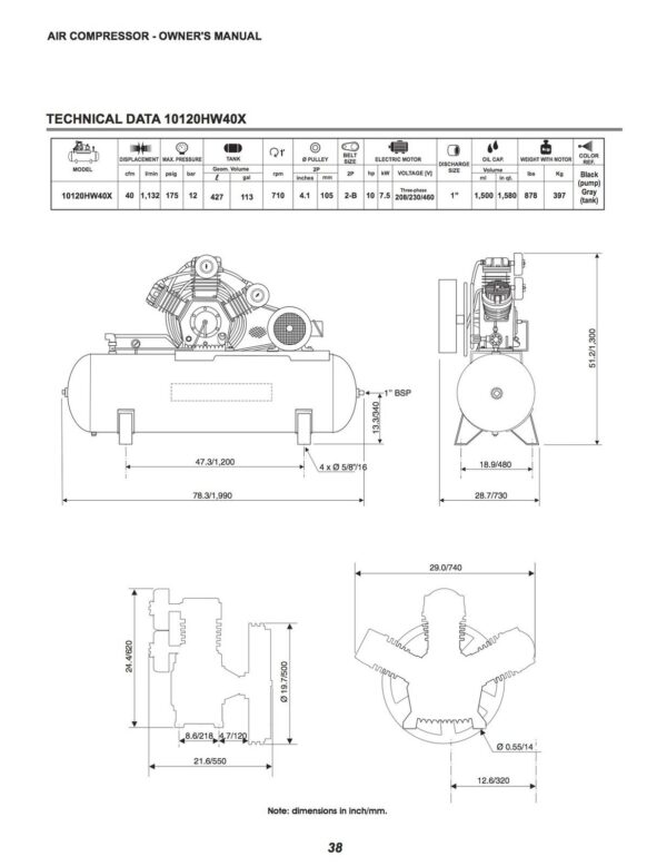 Schulz v-series 10-hp 120-gallon two-stage 230/460 volts only 3 phase 40 cfm 10120hw40x-3 - Image 3