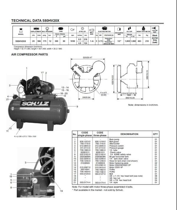 Schulz v-series 5hp 80 gallon-20 cfm- single phase 230 volts - two-stage air compressor 20 cfm-580hv20x-1 horizontal - Image 2