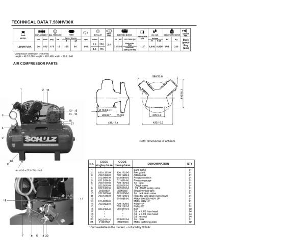 Schulz v-series three phase 230/460 volts-30 cfm- 7.5-hp 80-gallon air compressor 7580hv30x- 3 horizontal - Image 4