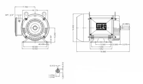 7.5 HP SINGLE PHASE ELECTRIC MOTOR 208/230 FRAME 213/5T 1760 RPM SHAFT 1 3/8 - Image 2